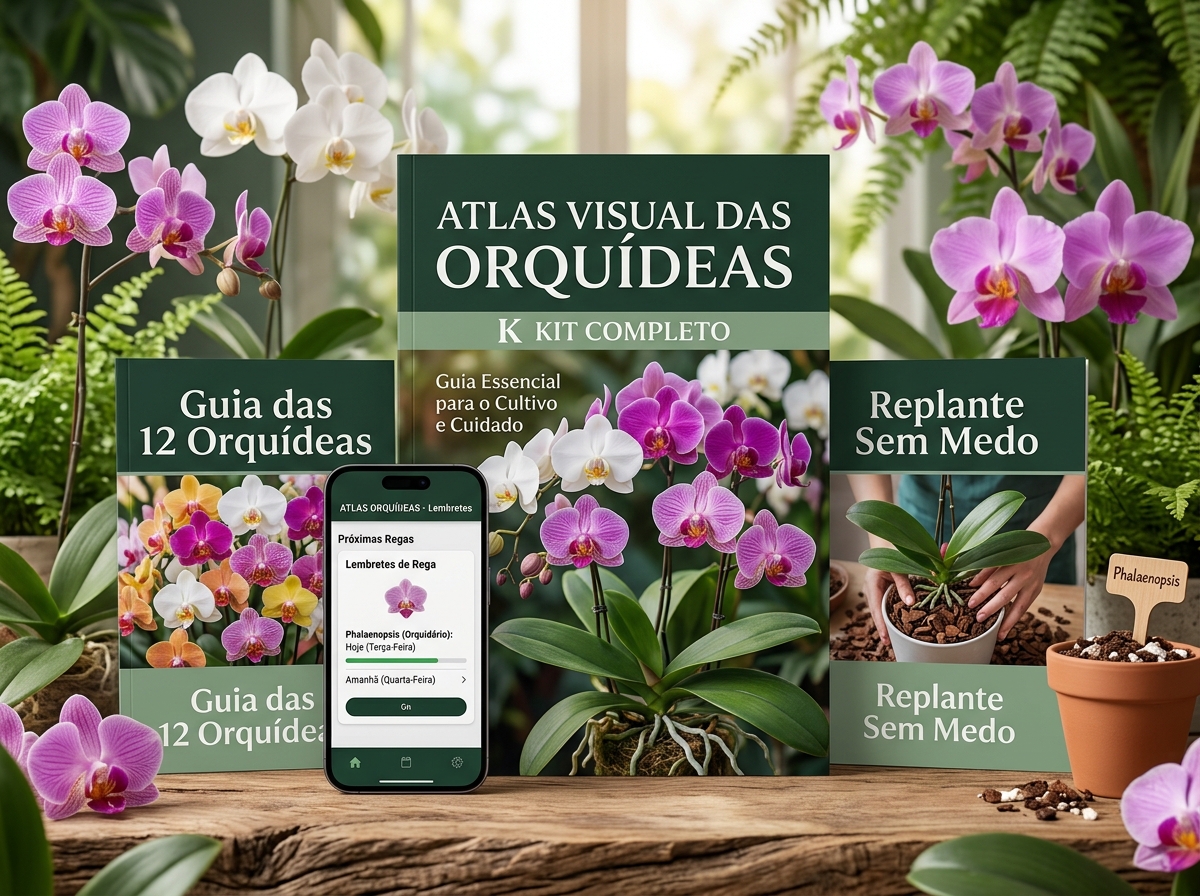 Kit Completo com Atlas Visual, Guia 12 Orquídeas, Replante Sem Medo e App de Rega